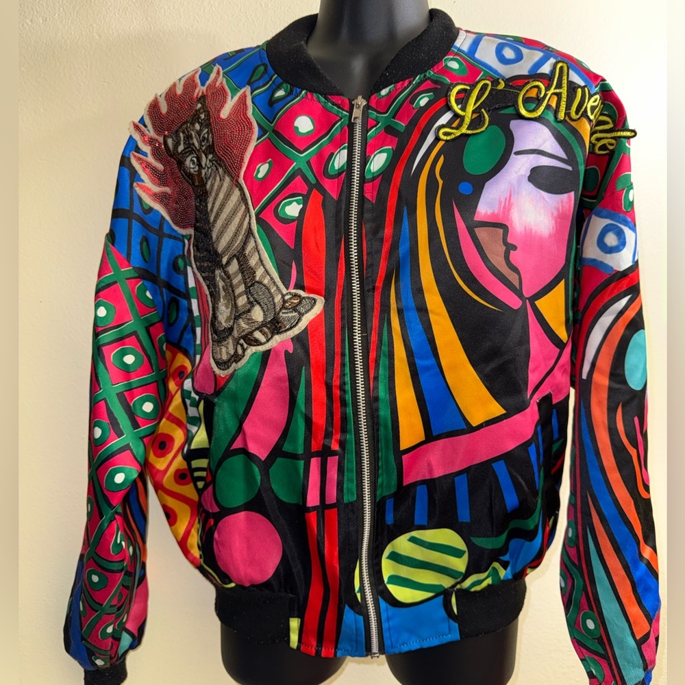 L’Aveugle Abstract Art Bomber Jacket Colorful Graphic Cat Patch‎ Unisex S/M